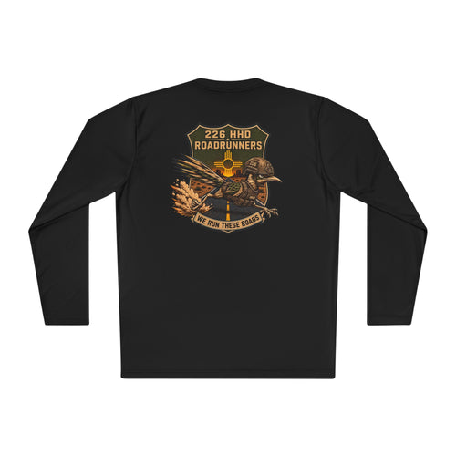 Black long-sleeve polyester tee, back graphic logo print