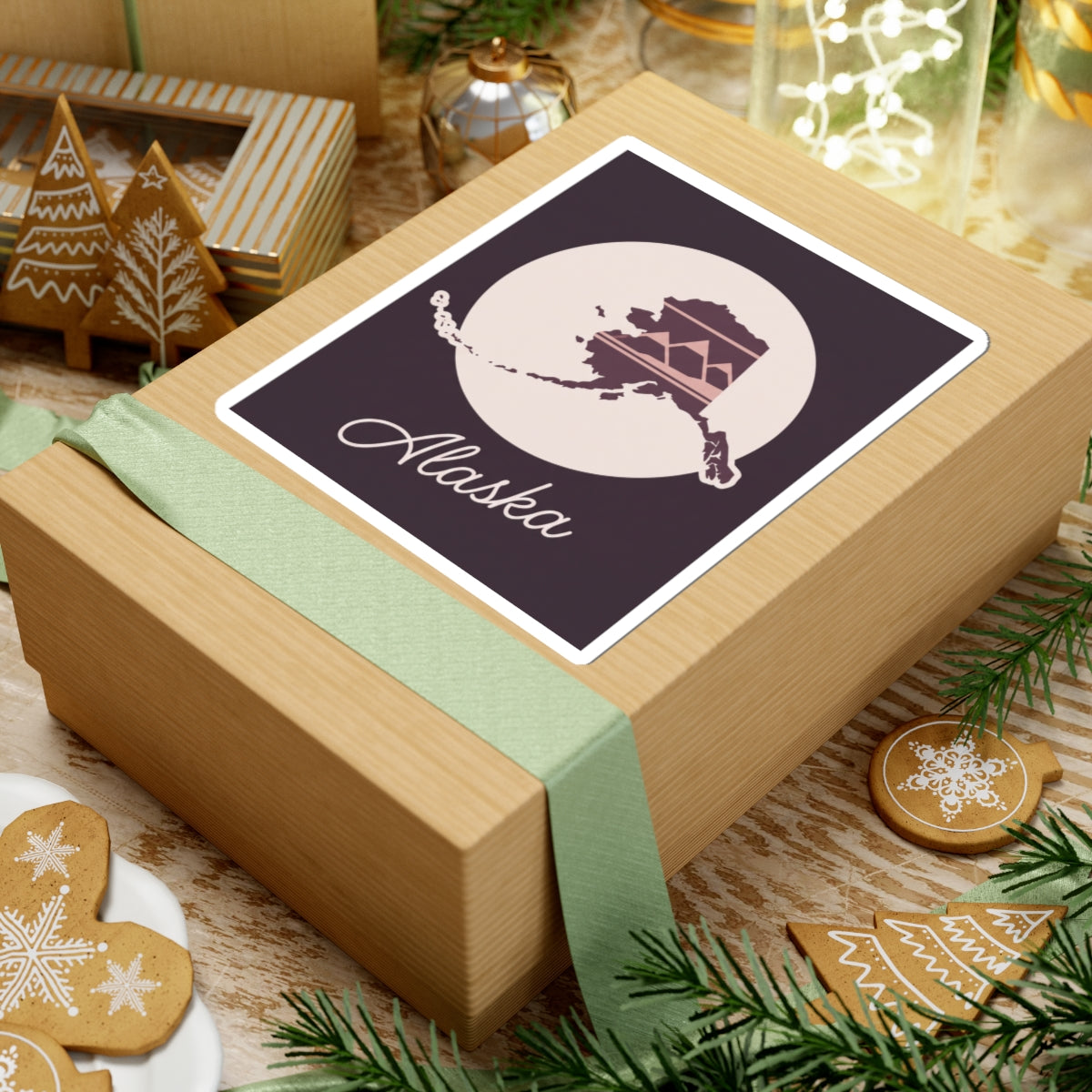 Square mauve Alaska silhouette vinyl decal, cream moon circle, mauve map lines, cursive Alaska