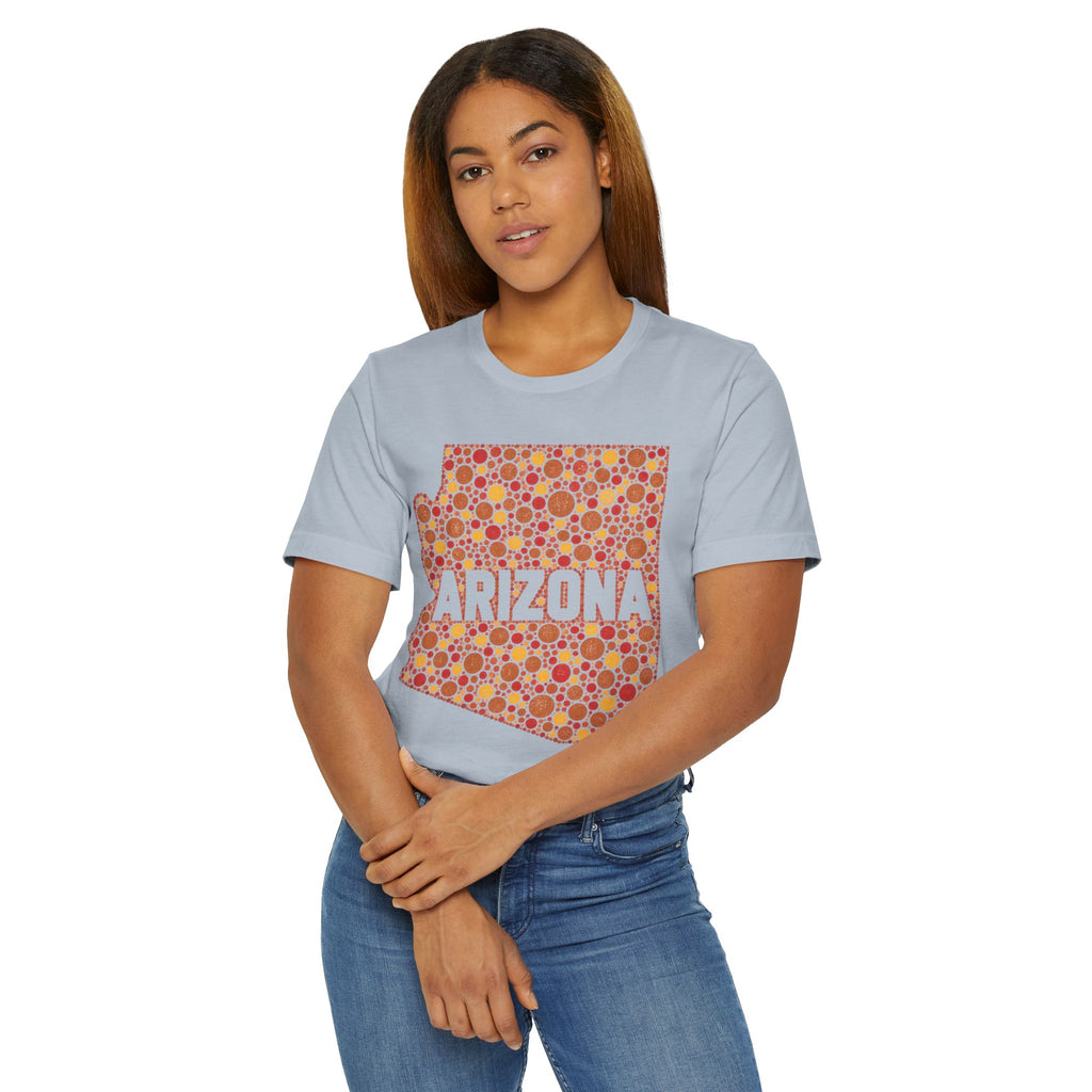 Light blue crewneck T-shirt with red patterned Arizona graphic at center front