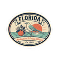 Round Florida label sticker with bird and orange blossom, Est. 1845 inside a border