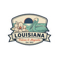 Louisiana pelican & magnolia decal with ribbon banner lettering and “Est. 1812” badge details.