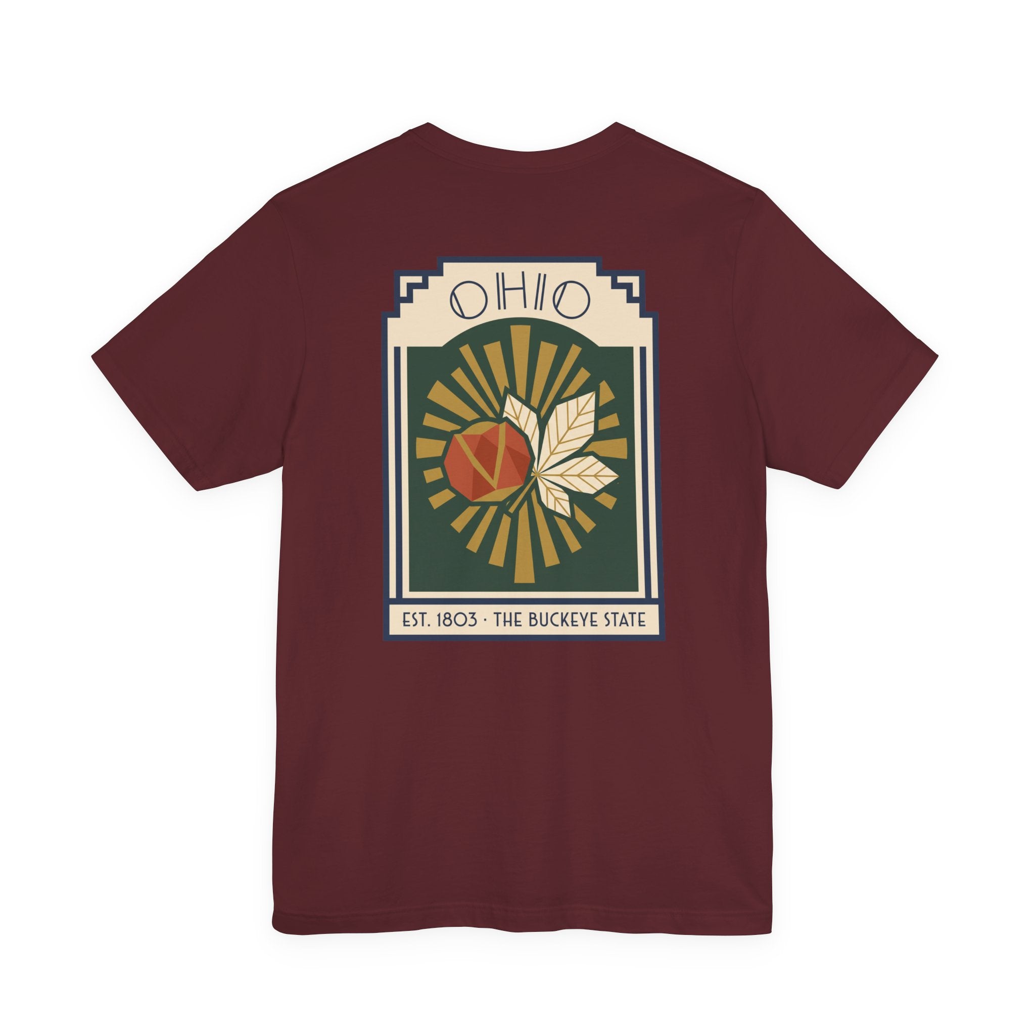 Maroon T-shirt with centered art deco Ohio sunburst graphic and text patch