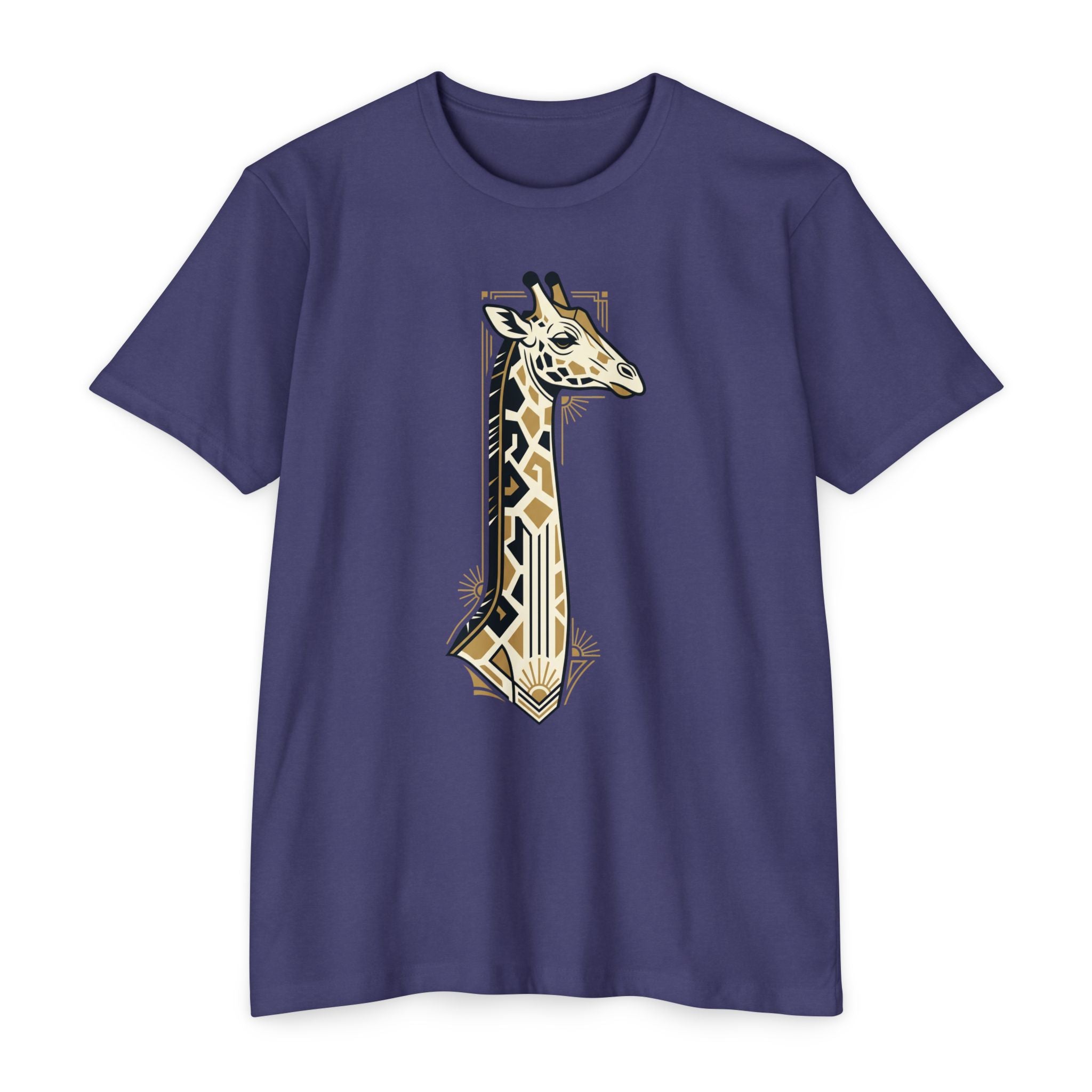 Purple giraffe graphic T-shirt with Art Deco geometric badge print