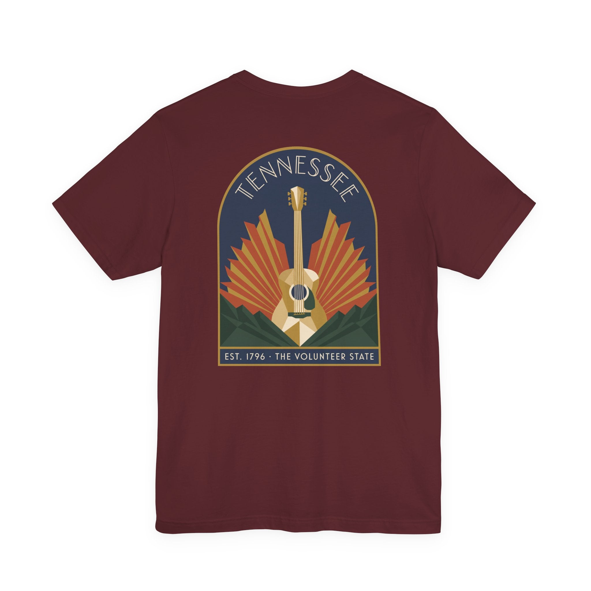 Maroon crew-neck T-shirt with Tennessee guitar art graphic on chest