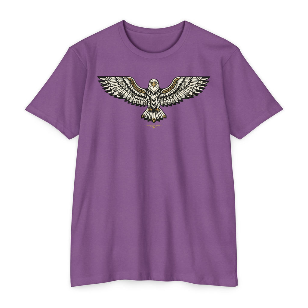Purple unisex t-shirt with soaring owl wing graphic on the chest