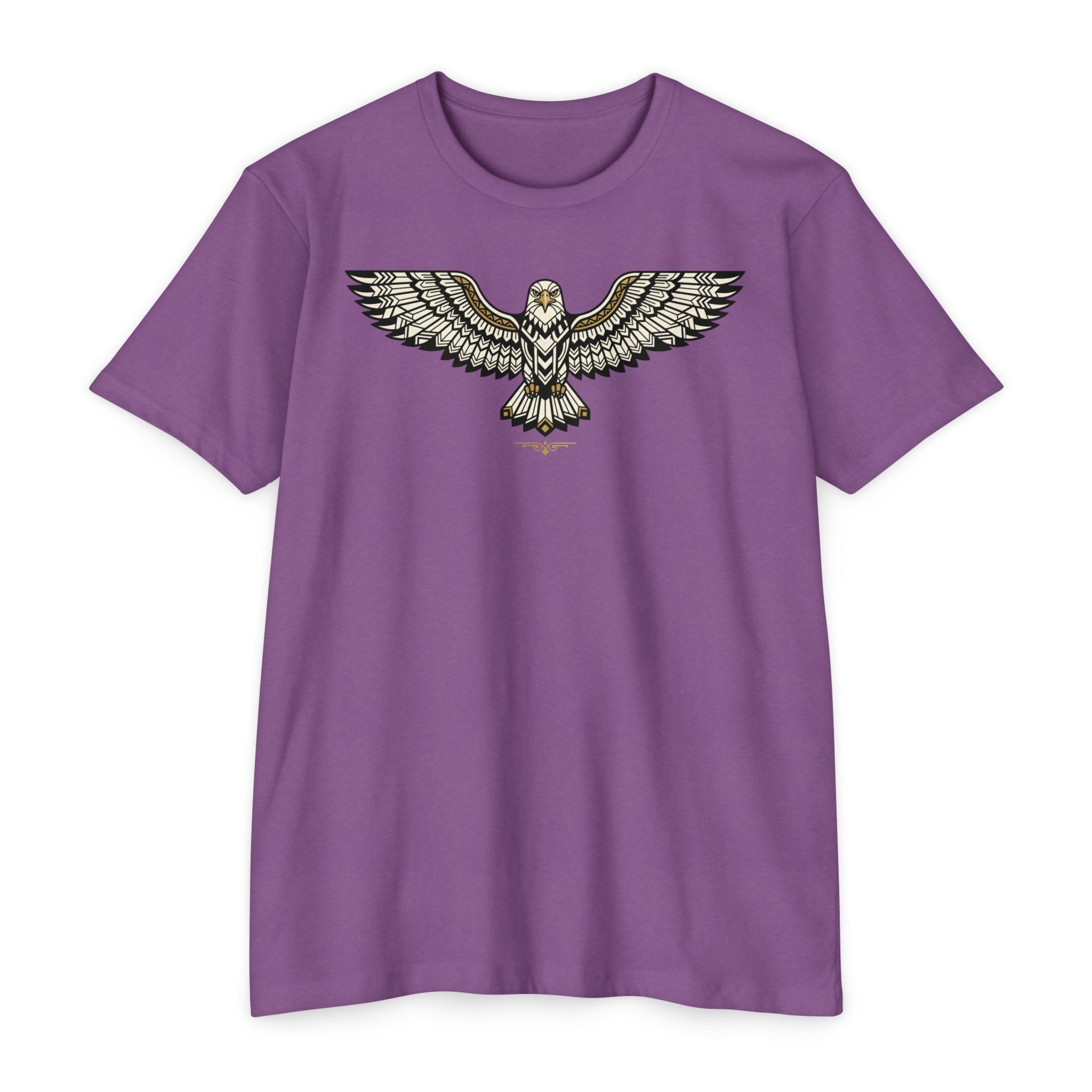 Purple unisex t-shirt with soaring owl wing graphic on the chest