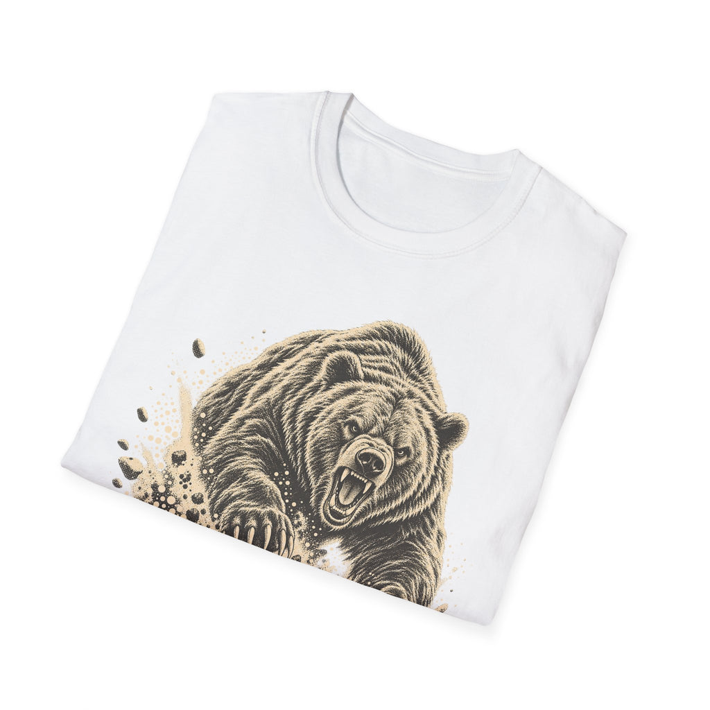 White short-sleeve T-shirt with vintage bear face graphic and splash accents.