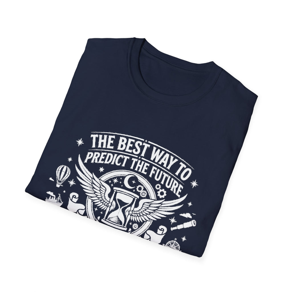 Navy tee with “THE BEST WAY TO PREDICT THE FUTURE” typography graphic