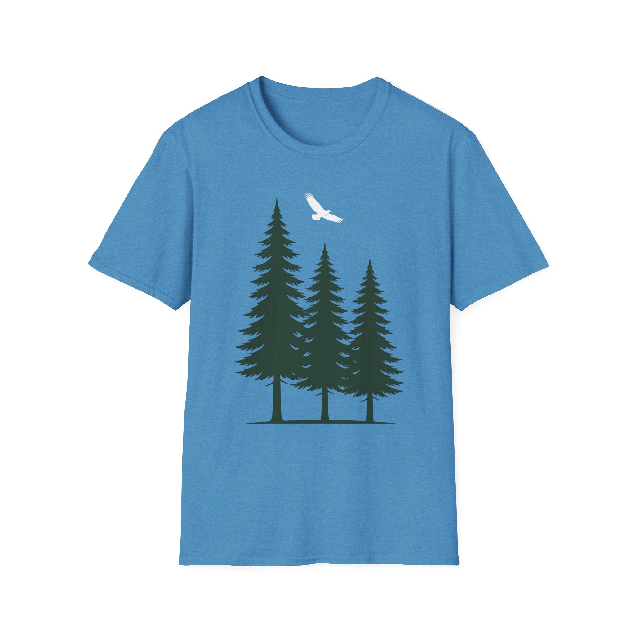 Forest nature T-shirt in blue with pine trees graphic and white bird above