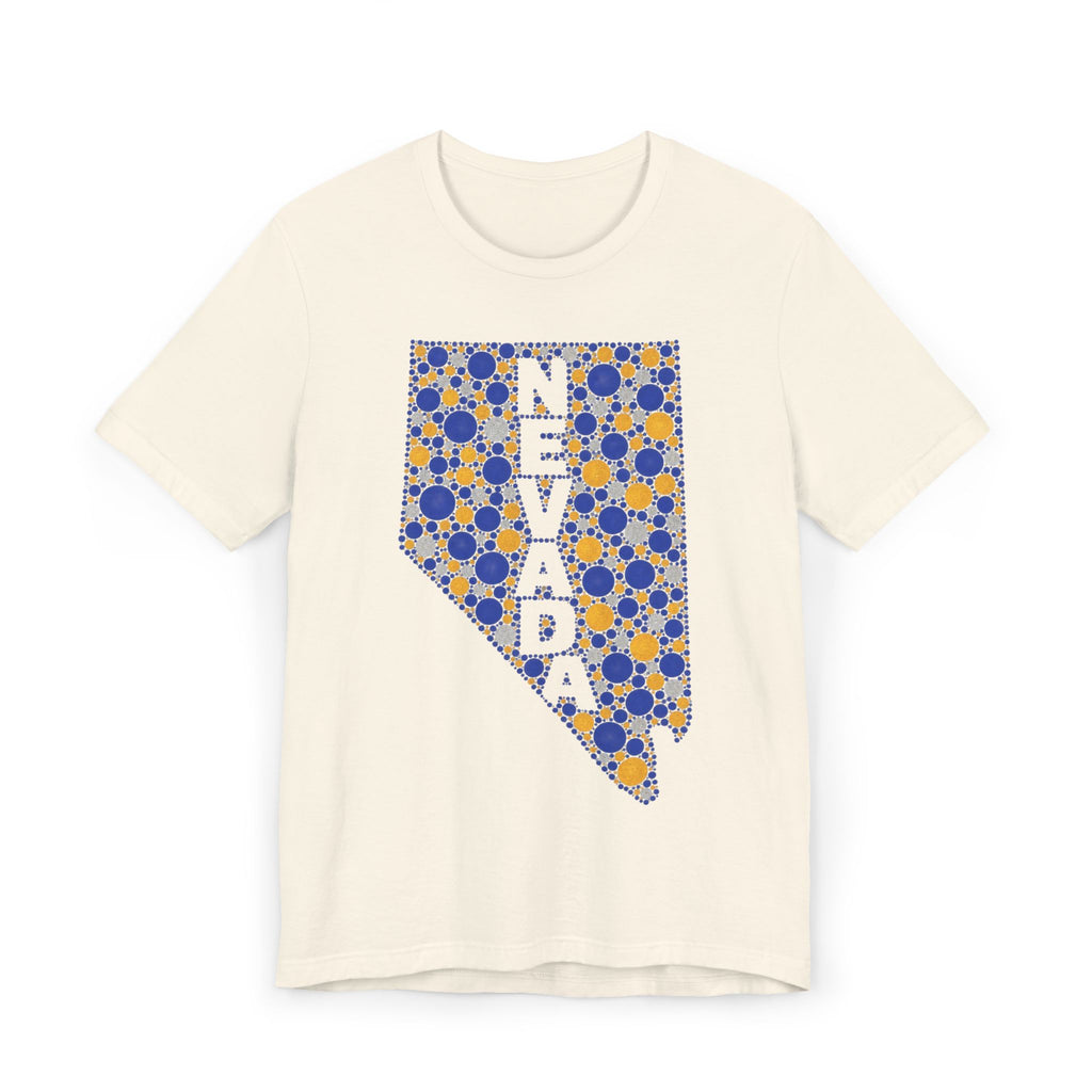 Natural color crewneck t-shirt with blue and gold Nevada map graphic