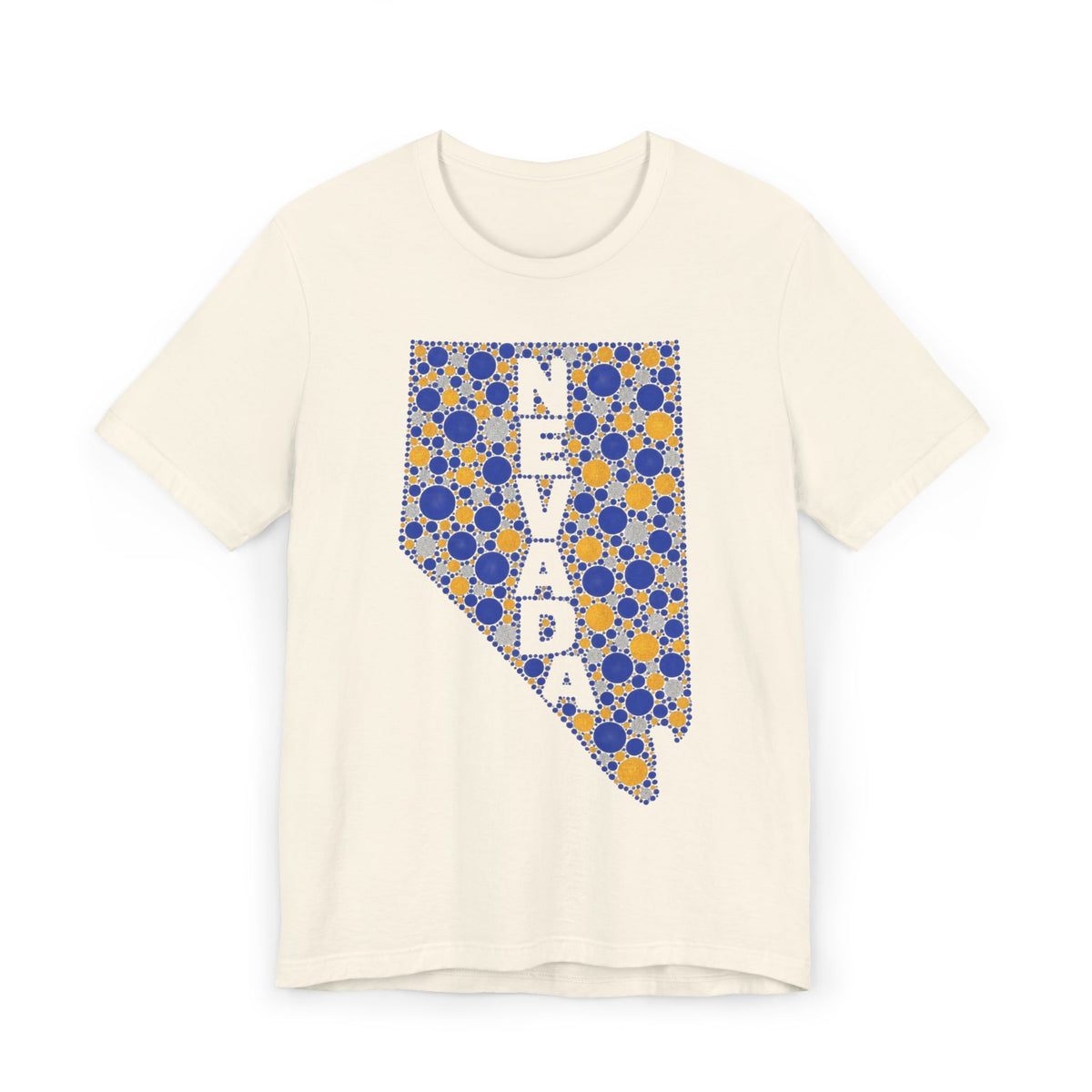 Natural color crewneck t-shirt with blue and gold Nevada map graphic