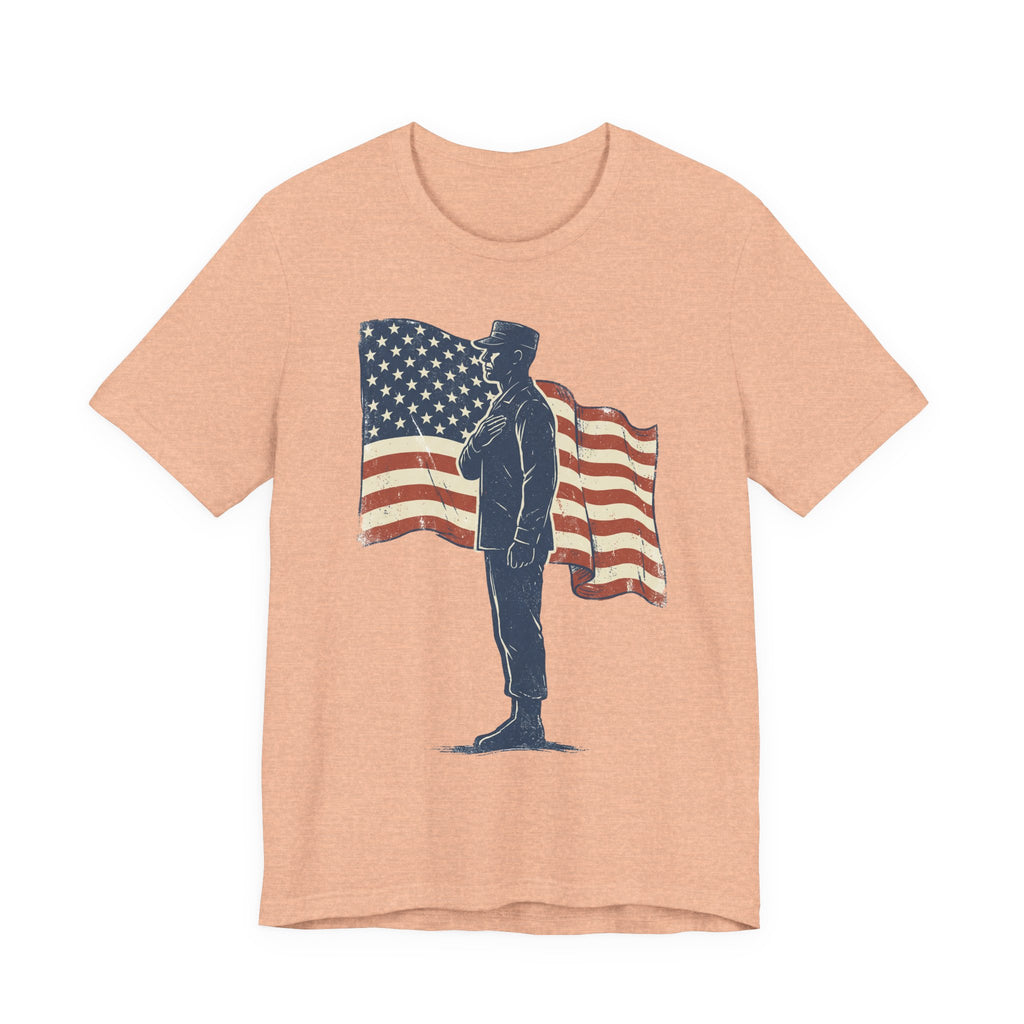 Peach crew-neck T-shirt with saluting soldier graphic and American flag print