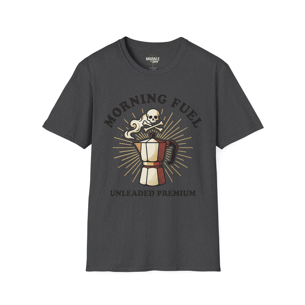 Morning Fuel T-shirt—dark heather/charcoal with skull moka pot graphic and “UNLEADED PREMIUM”