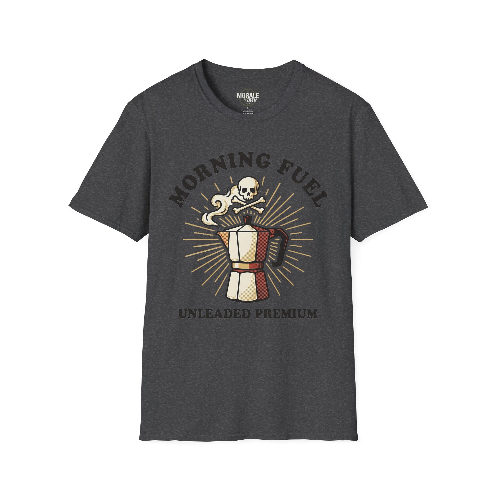 Morning Fuel T-shirt—dark heather/charcoal with skull moka pot graphic and “UNLEADED PREMIUM”