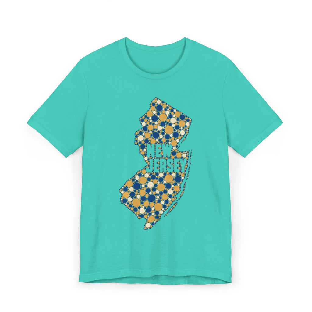 Teal T-shirt with speckled floral New Jersey outline graphic in blue and gold