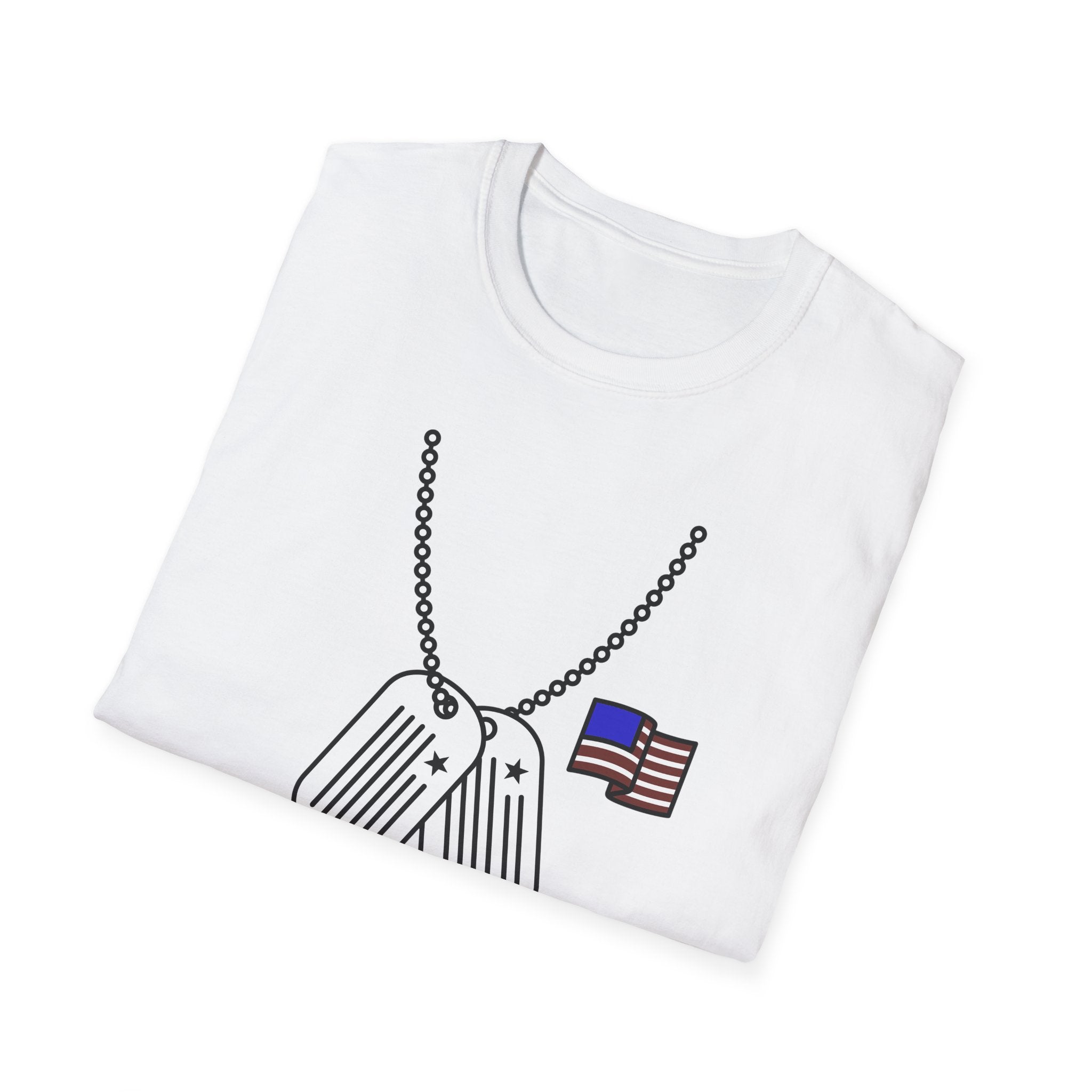 White T-shirt with dog tag necklace graphic and small American flag