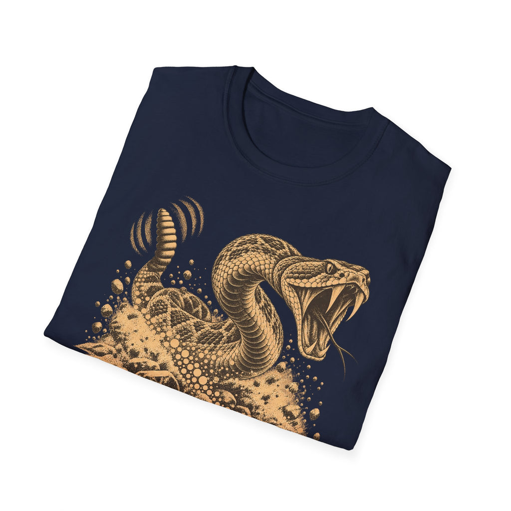 Navy crew-neck T-shirt with coiled rattlesnake desert graphic on front.