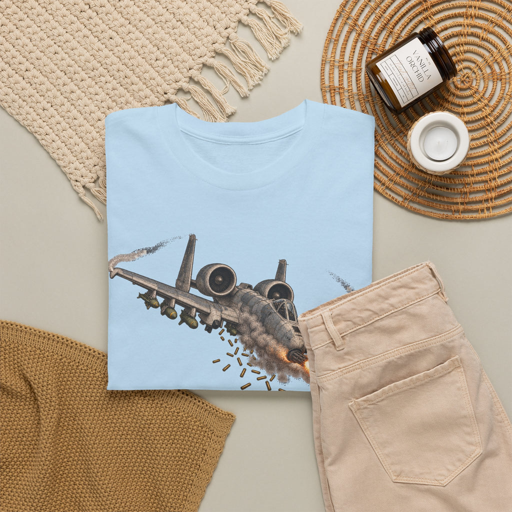 Light blue crew-neck T-shirt with jet attack graphic