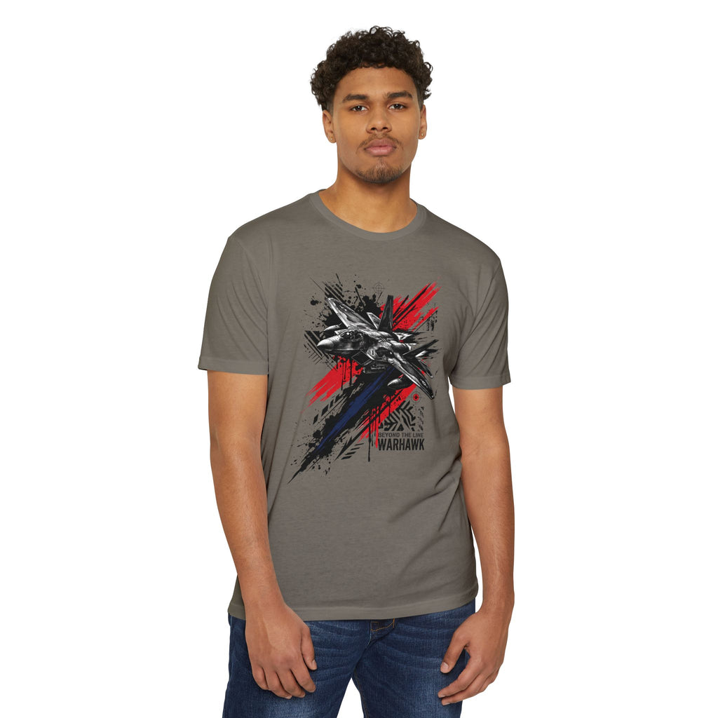 Men's graphic t-shirt in gray with front jet silhouette and red splatter design