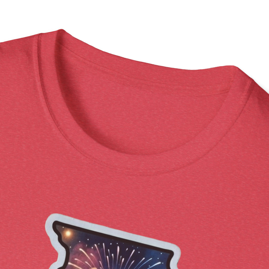 Heather red T-shirt neckline with partial fireworks graphic