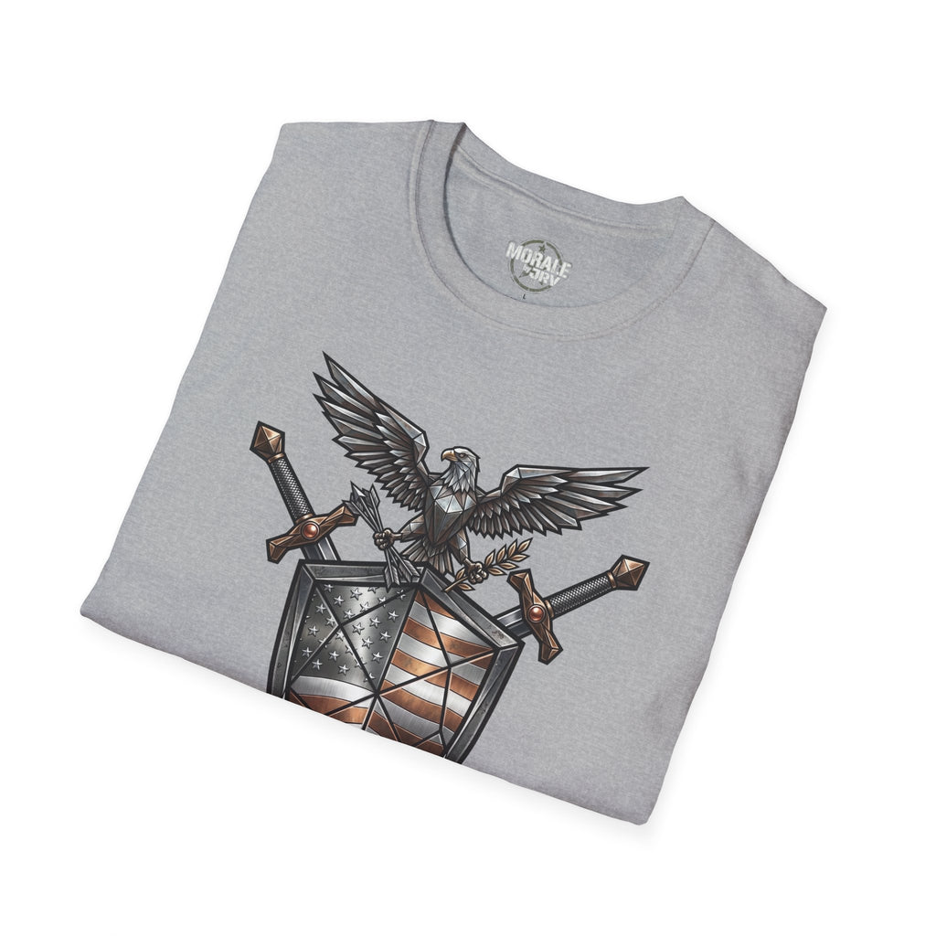 Sport grey crew-neck T-shirt with eagle, swords, and American flag shield graphic