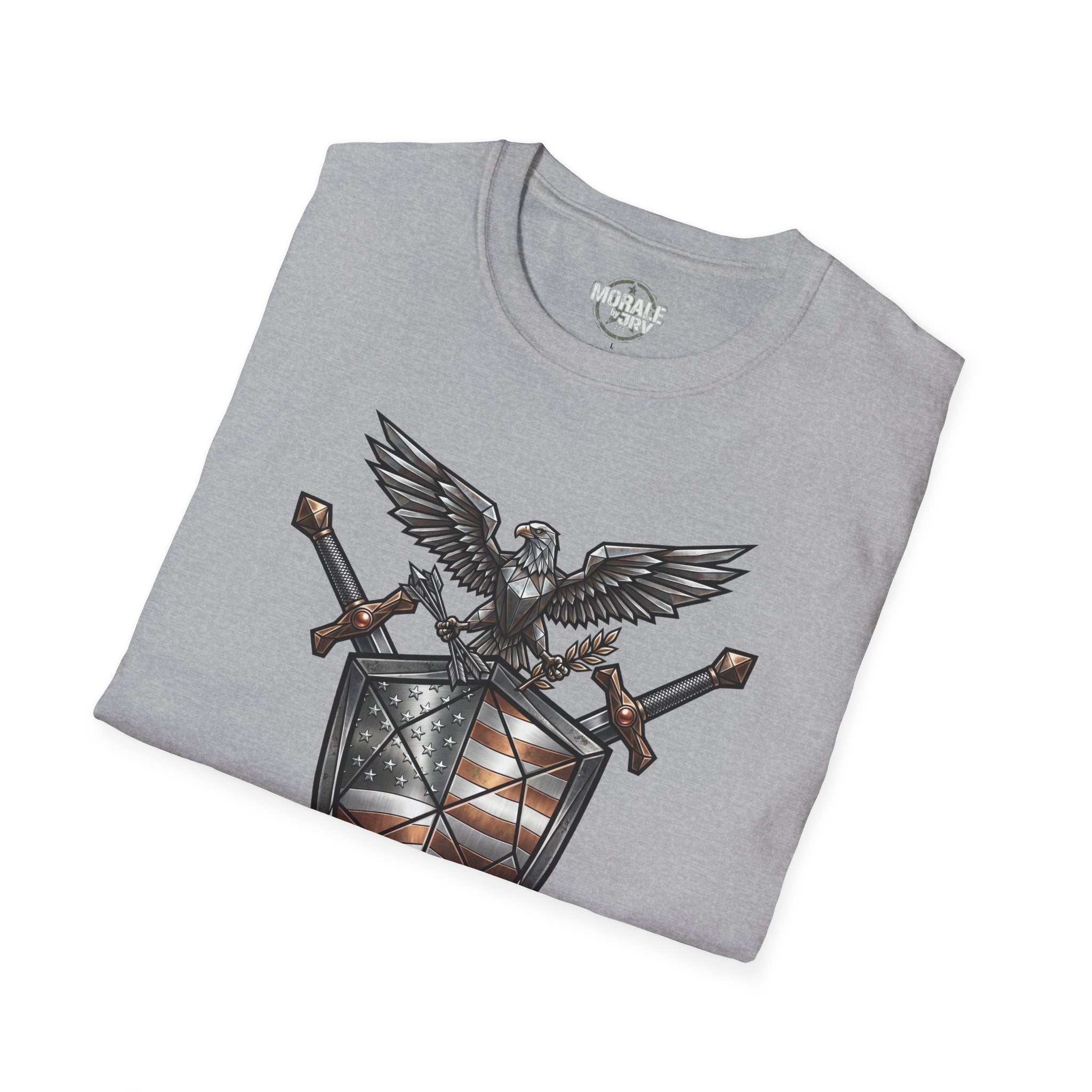 Sport grey crew-neck T-shirt with eagle, swords, and American flag shield graphic