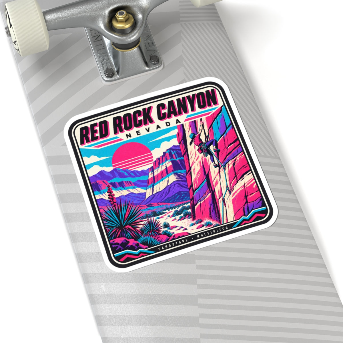 Square kiss-cut sticker with bordered Red Rock Canyon Nevada graphic and climber