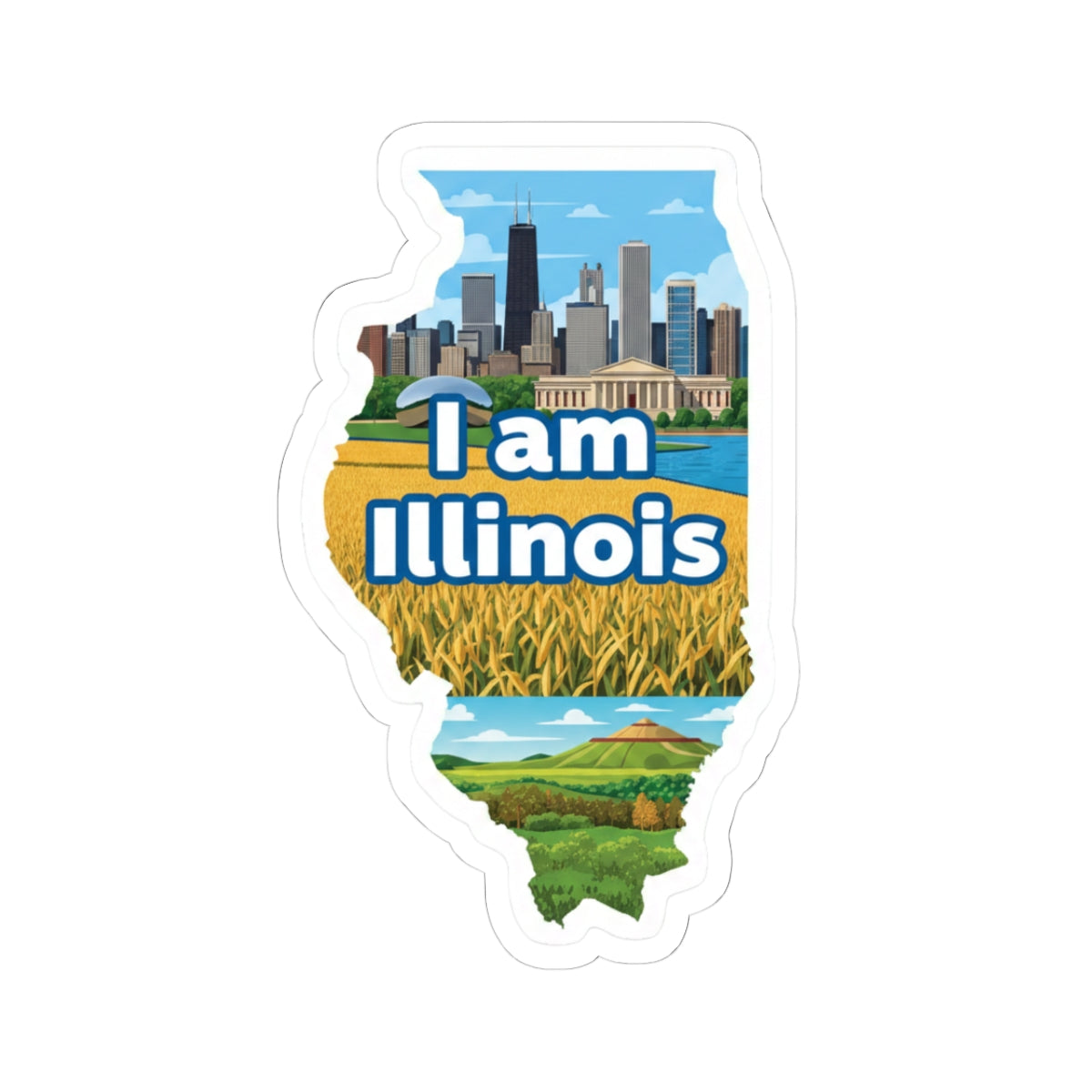 I am Illinois sticker with skyline and farm field, blue “I am Illinois” text