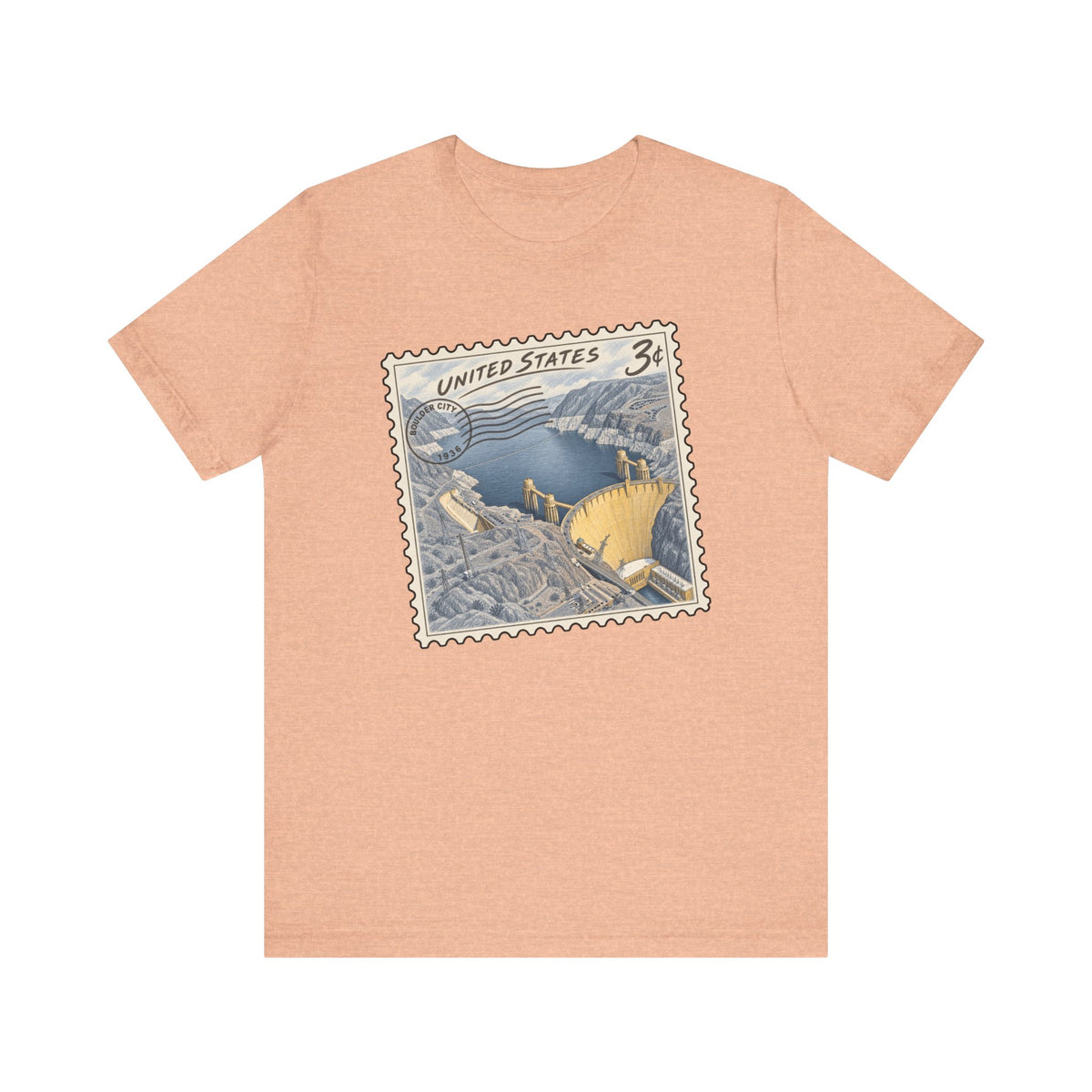 Peach crew-neck short-sleeve T-shirt with vintage “UNITED STATES” stamp graphic