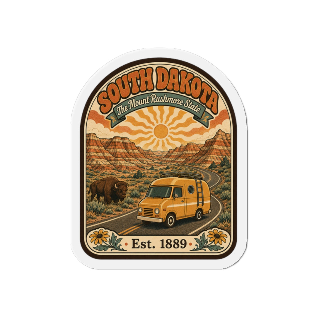 South Dakota die-cut state magnet with retro van, buffalo, desert scenery and “Est. 1889”