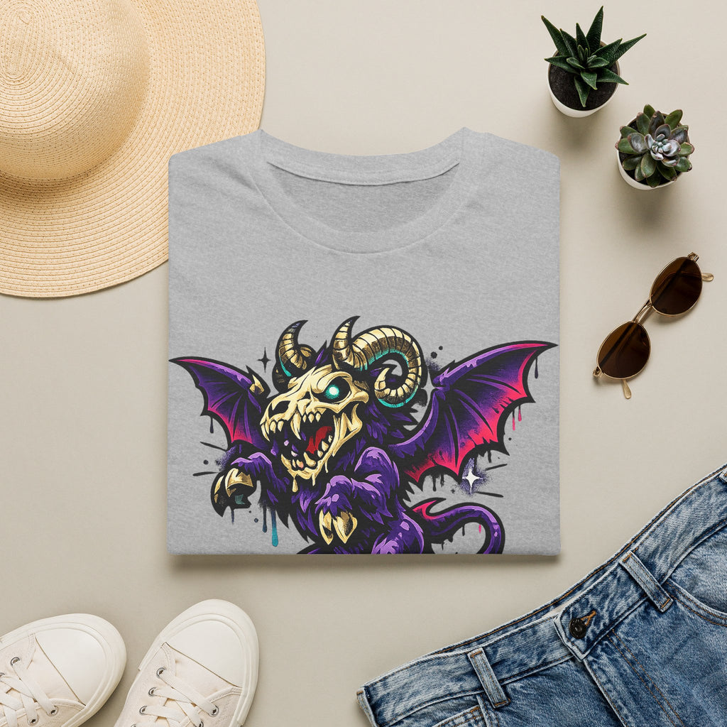 Light gray gothic monster T-shirt with purple bat-skull ram creature graphic