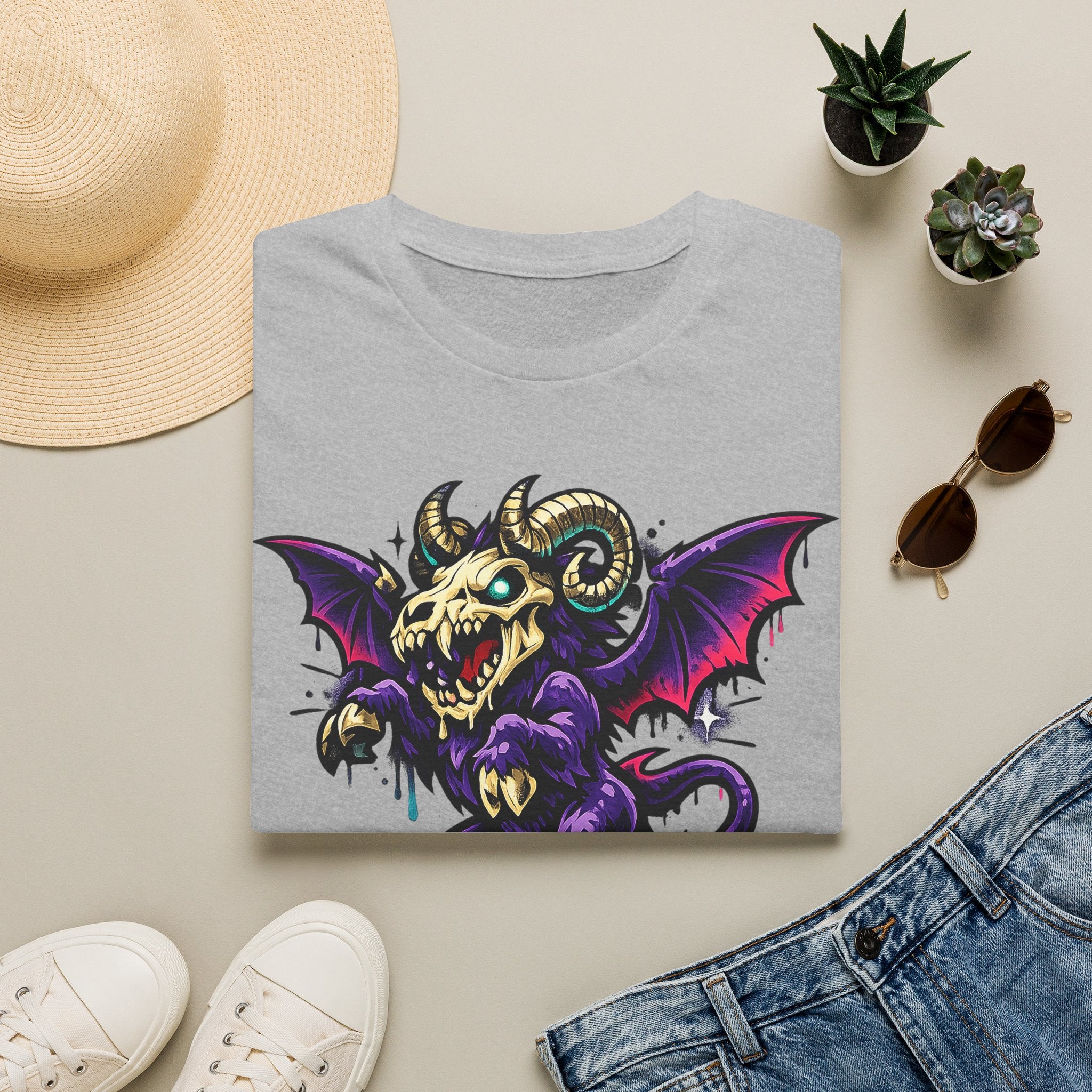 Light gray gothic monster T-shirt with purple bat-skull ram creature graphic