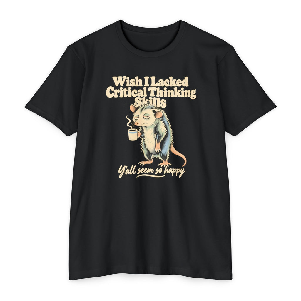 Black t-shirt with cartoon opossum holding a coffee cup graphic and slogan