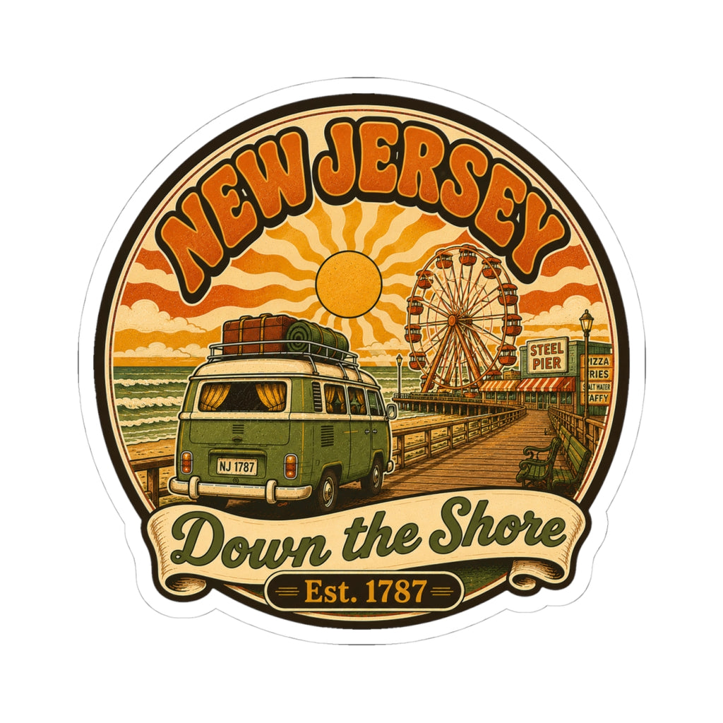 Round kiss-cut sticker featuring New Jersey text, van, ferris wheel, and “Down the Shore”.