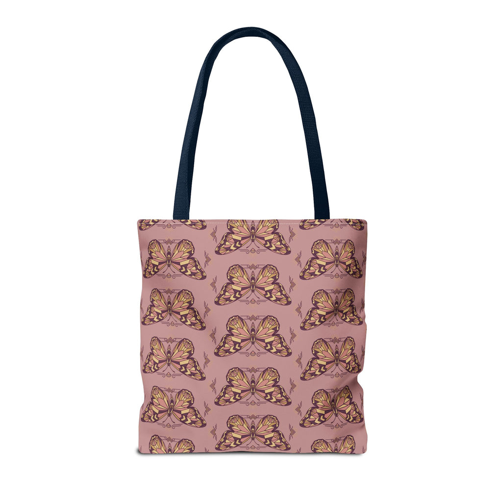 Pink butterfly tote bag with all-over vintage pattern and navy top handles
