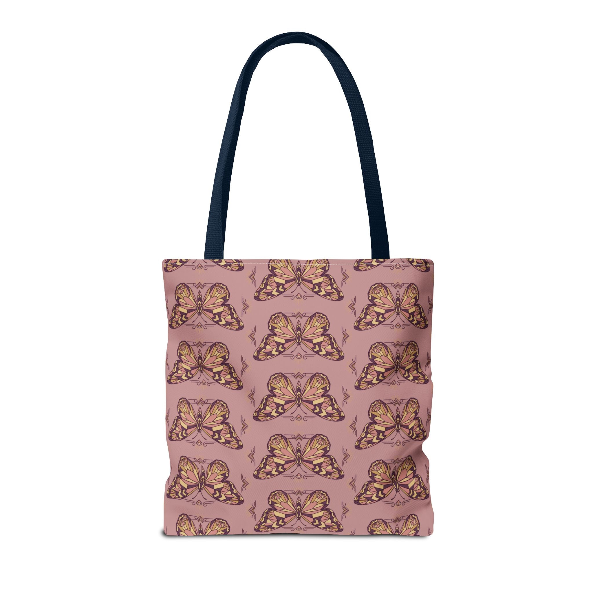 Pink butterfly tote bag with all-over vintage pattern and navy top handles