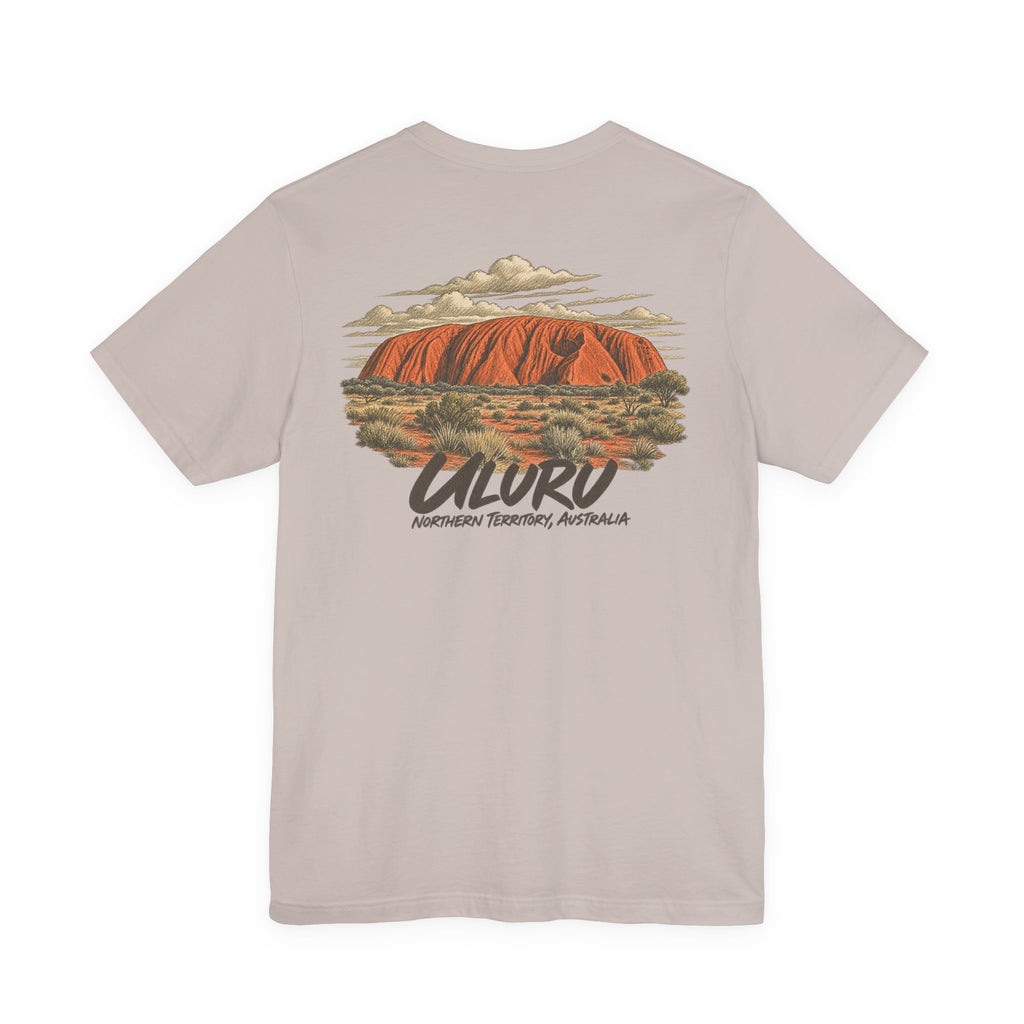 Light pink travel t-shirt with Uluru landscape and AURO text graphic on chest
