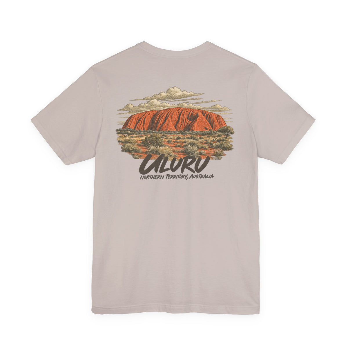 Light pink travel t-shirt with Uluru landscape and AURO text graphic on chest