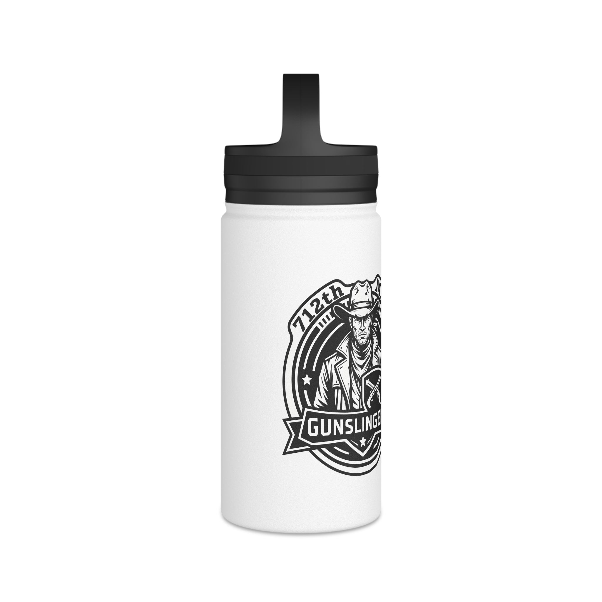 White stainless steel water bottle with black lid and Gunslingers emblem graphic