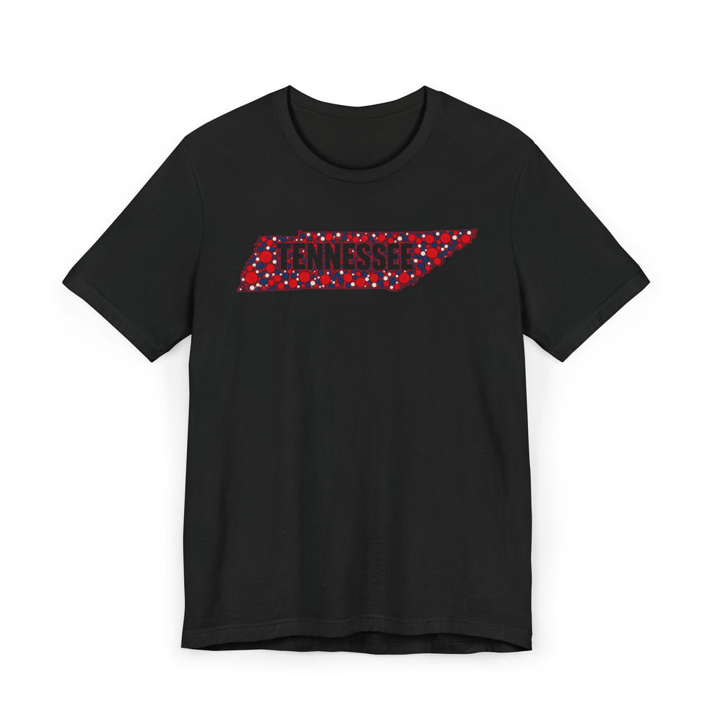 Black t-shirt with colorful floral Tennessee state outline graphic across chest