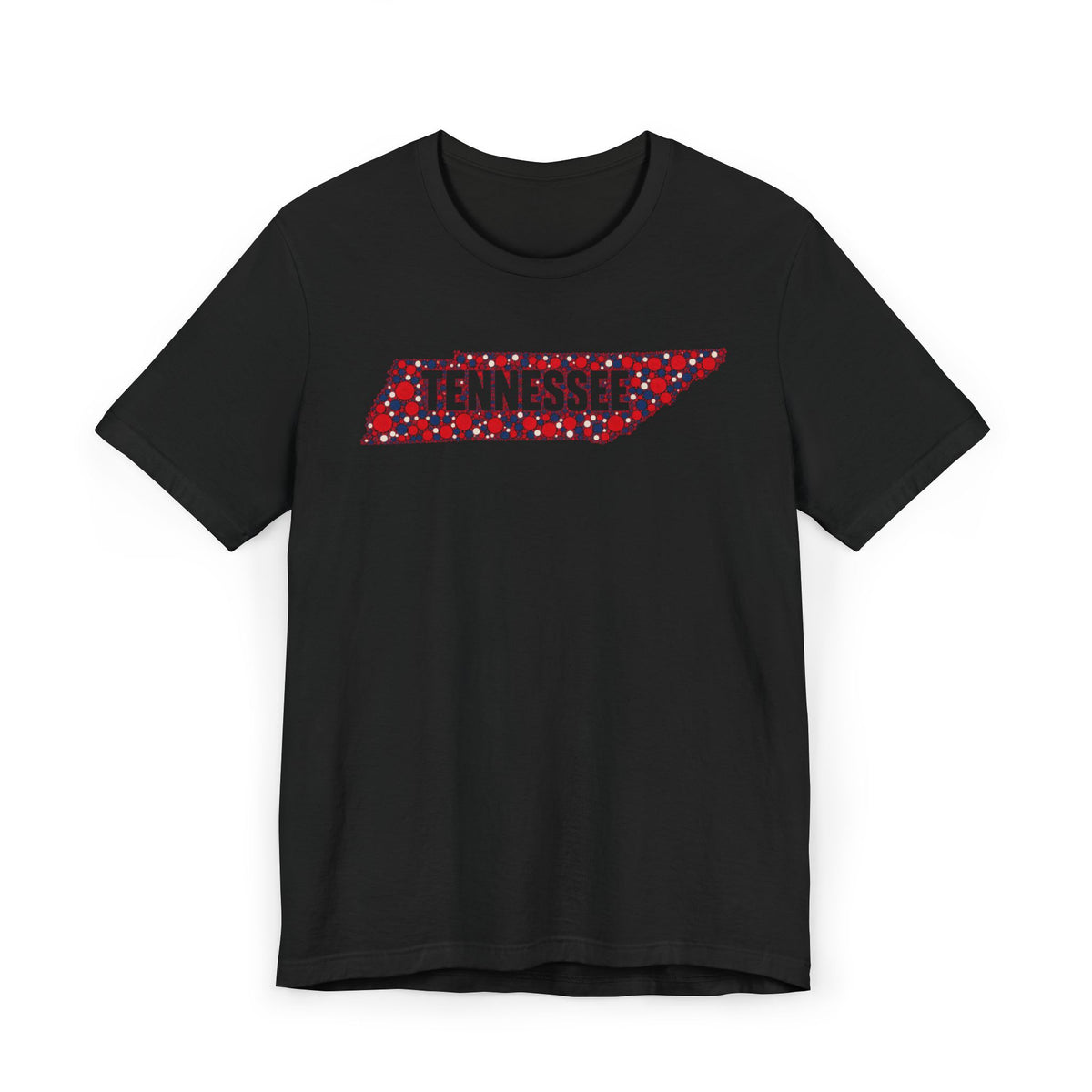Black t-shirt with colorful floral Tennessee state outline graphic across chest