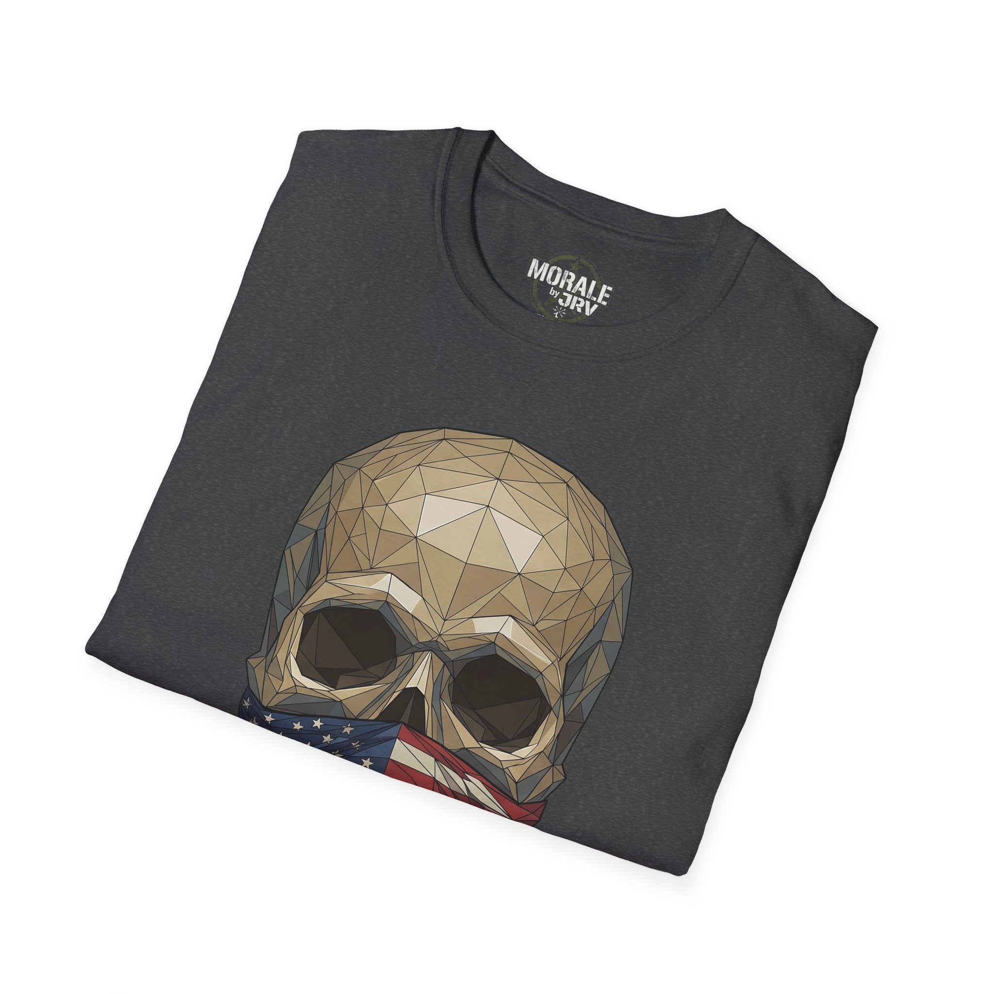 Dark heather tee with geometric skull and American flag bandana graphic on front