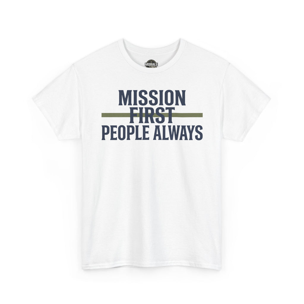 White T-shirt with “Mission First People Always” slogan graphic at chest