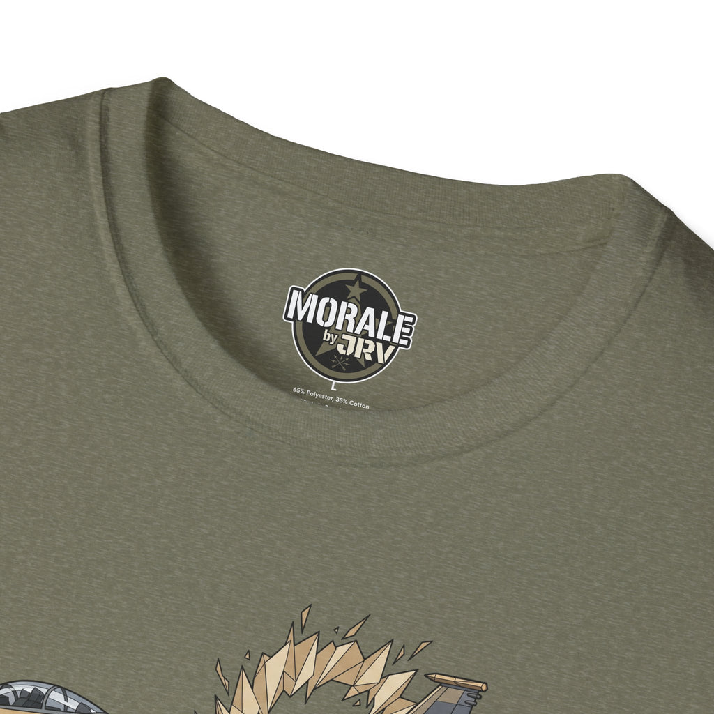 Heather military green t-shirt close-up of neck label and top edge of fighter jet graphic