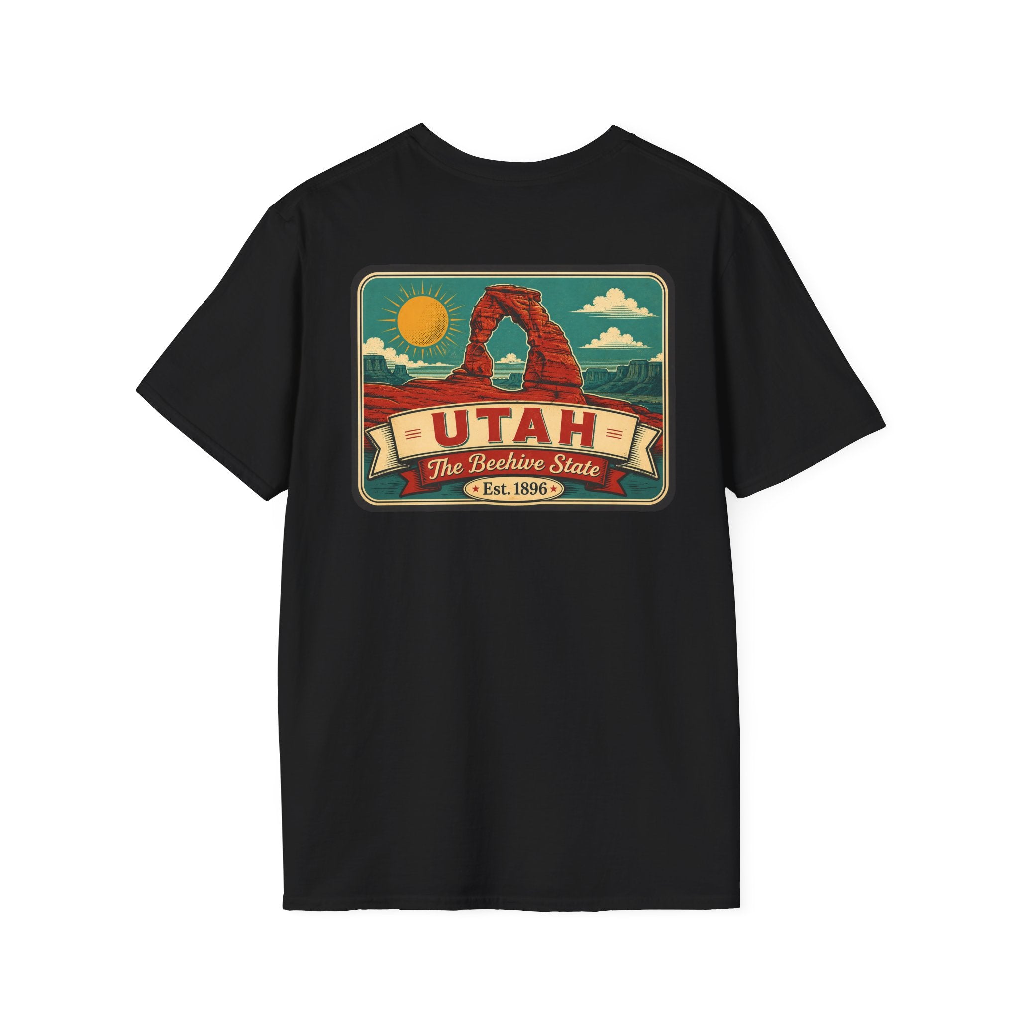 Black crewneck T-shirt with Utah travel badge graphic on the front