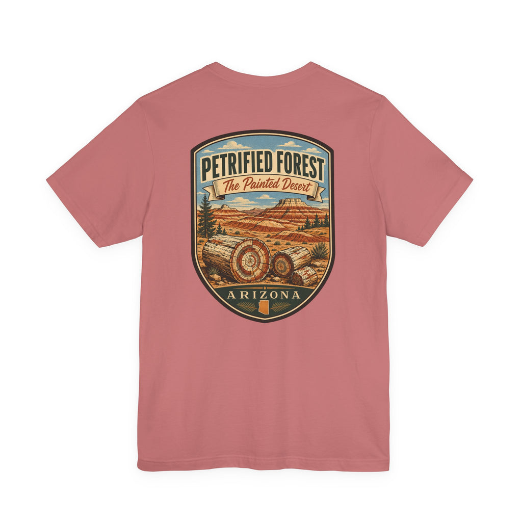 Rose T-shirt with Petrified Forest Arizona shield graphic on back