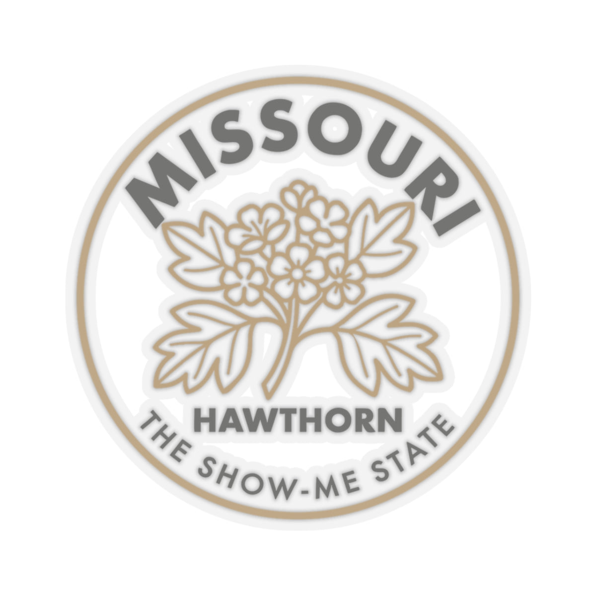 Round Missouri hawthorn floral seal sticker on transparent vinyl with branch and state text