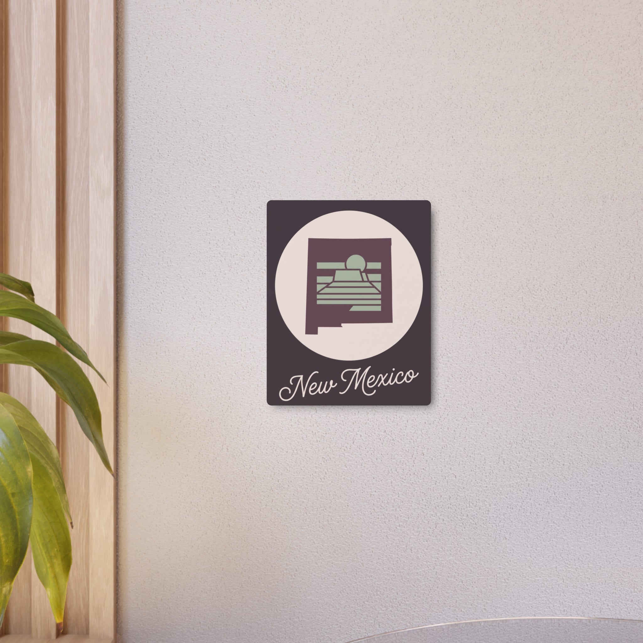 New Mexico metal wall art sign with emblem and script, sage green accents