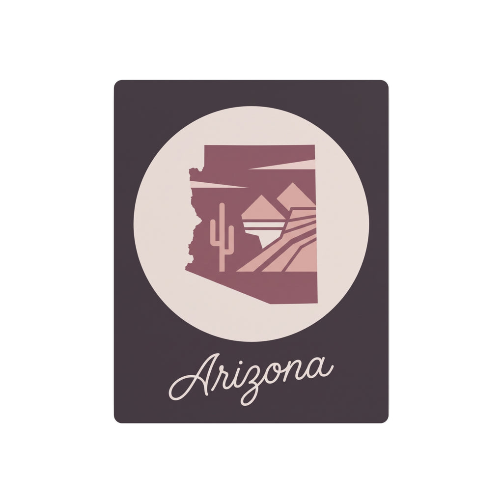 Mauve metal wall art with circular desert silhouette and cursive 'Arizona' text