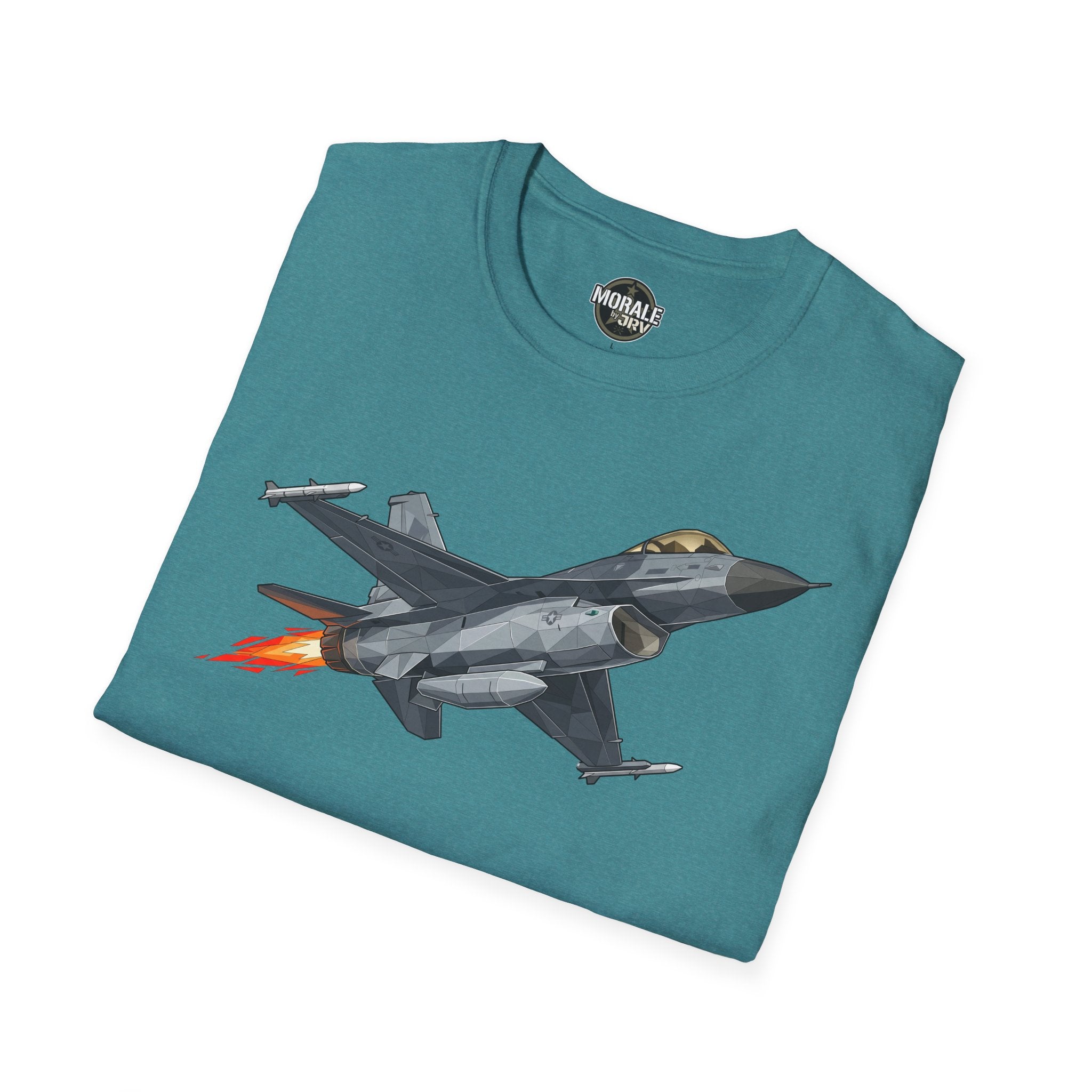 Teal T-shirt with F-16 fighter jet graphic across the chest